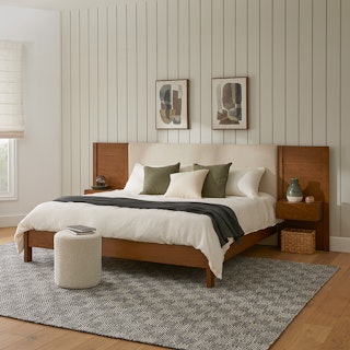 Cassie King Bed with Nightstands - Smoked Oak and Taupe Chenille
